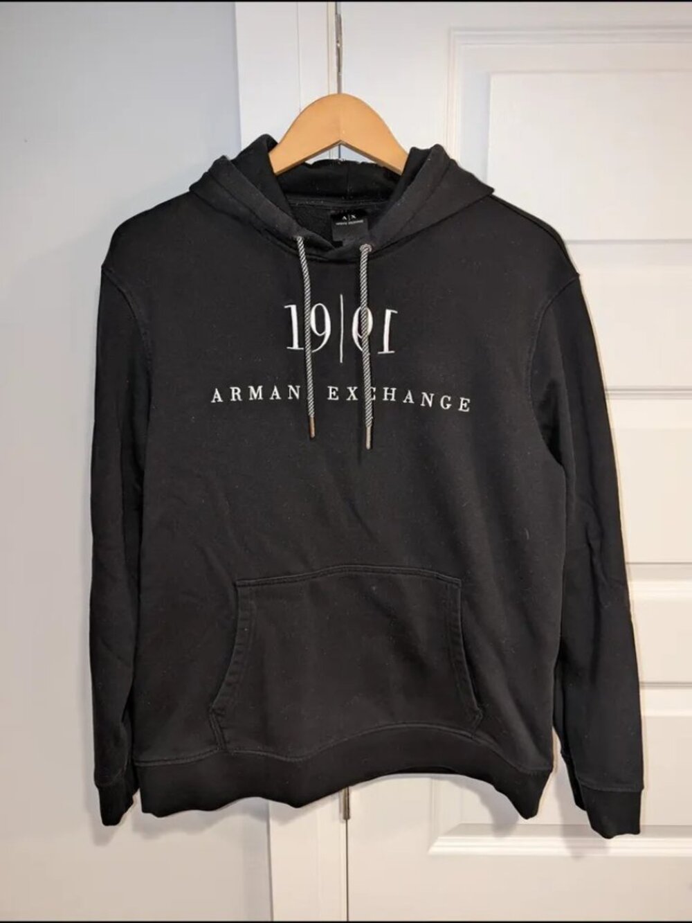 Armani Exchange Black 1991 Hoodie with White Chest Logo - Large